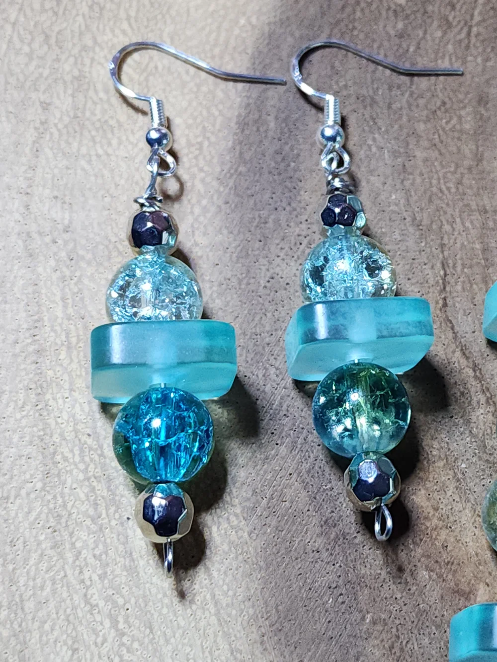 Hand Crafted  Crackled Glass Teal Beaded Bracelet and Earring Set
